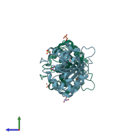 PDB entry 3qzu coloured by chain, side view.