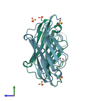 PDB entry 3r0m coloured by chain, side view.