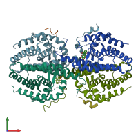 PDB entry 3r2a coloured by chain, front view.