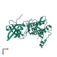 Monomeric assembly 5 of PDB entry 3r2b coloured by chemically distinct molecules, top view.