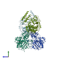 PDB entry 3r3i coloured by chain, side view.