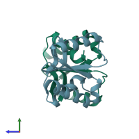 PDB entry 3r3p coloured by chain, side view.