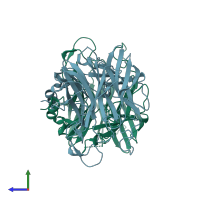 PDB entry 3r4y coloured by chain, side view.