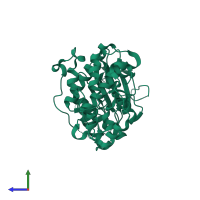 PDB entry 3r63 coloured by chain, side view.