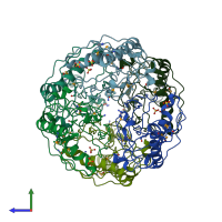 PDB entry 3r6e coloured by chain, side view.