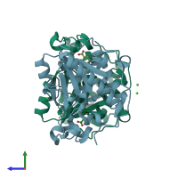 PDB entry 3r77 coloured by chain, side view.