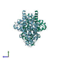 PDB entry 3r8i coloured by chain, side view.
