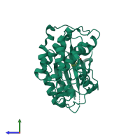 Monomeric assembly 1 of PDB entry 3r8p coloured by chemically distinct molecules, side view.