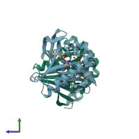 PDB entry 3r9f coloured by chain, side view.