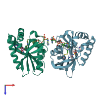 PDB entry 3r9f coloured by chain, top view.