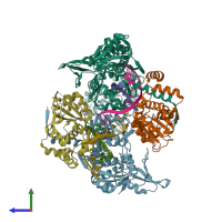 PDB entry 3raf coloured by chain, side view.