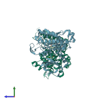 PDB entry 3raw coloured by chain, side view.