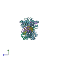 PDB entry 3rax coloured by chain, side view.
