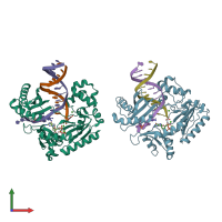 PDB entry 3rb0 coloured by chain, front view.