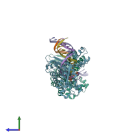 PDB entry 3rb0 coloured by chain, side view.