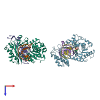 PDB entry 3rb0 coloured by chain, top view.