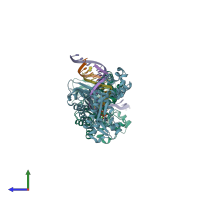 PDB entry 3rb6 coloured by chain, side view.