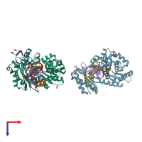 PDB entry 3rb6 coloured by chain, top view.
