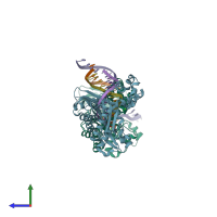 PDB entry 3rbd coloured by chain, side view.