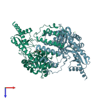 PDB entry 3rbf coloured by chain, top view.