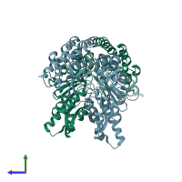 PDB entry 3rbl coloured by chain, side view.