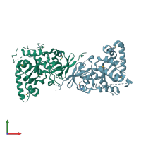 PDB entry 3rbn coloured by chain, front view.