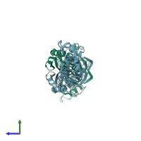 PDB entry 3rbn coloured by chain, side view.