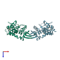 PDB entry 3rbn coloured by chain, top view.