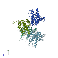 PDB entry 3rbw coloured by chain, side view.