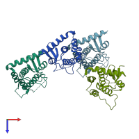 PDB entry 3rbw coloured by chain, top view.