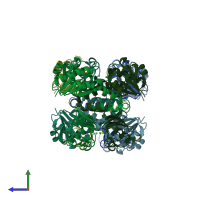 PDB entry 3rbx coloured by chain, side view.