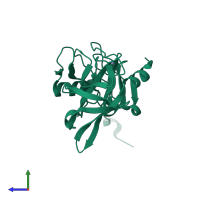 PDB entry 3rc6 coloured by chain, side view.