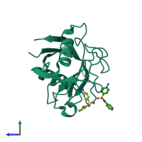 PDB entry 3rcf coloured by chain, side view.