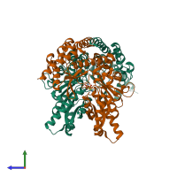 PDB entry 3rch coloured by chain, side view.