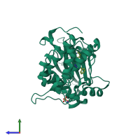 PDB entry 3rcj coloured by chain, side view.
