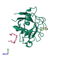 PDB entry 3rcl coloured by chain, side view.