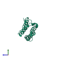 Monomeric assembly 5 of PDB entry 3rcw coloured by chemically distinct molecules, side view.