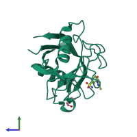 PDB entry 3rd9 coloured by chain, side view.