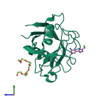 PDB entry 3rdb coloured by chain, side view.