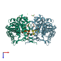 PDB entry 3rdk coloured by chain, top view.