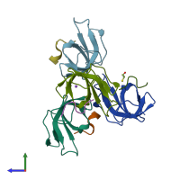 PDB entry 3rdv coloured by chain, side view.