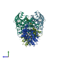 PDB entry 3reo coloured by chain, side view.