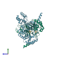 PDB entry 3rf9 coloured by chain, side view.