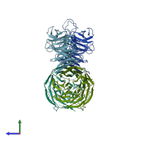 PDB entry 3rfh coloured by chain, side view.