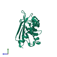 PDB entry 3rfn coloured by chain, side view.