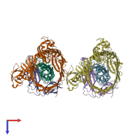 PDB entry 3rfz coloured by chain, top view.