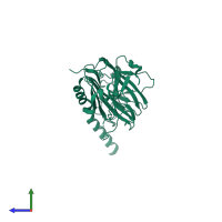 PDB entry 3rg0 coloured by chain, side view.