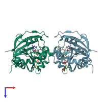 PDB entry 3rg9 coloured by chain, top view.