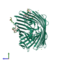 PDB entry 3rgn coloured by chain, side view.