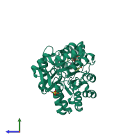 PDB entry 3rhg coloured by chain, side view.